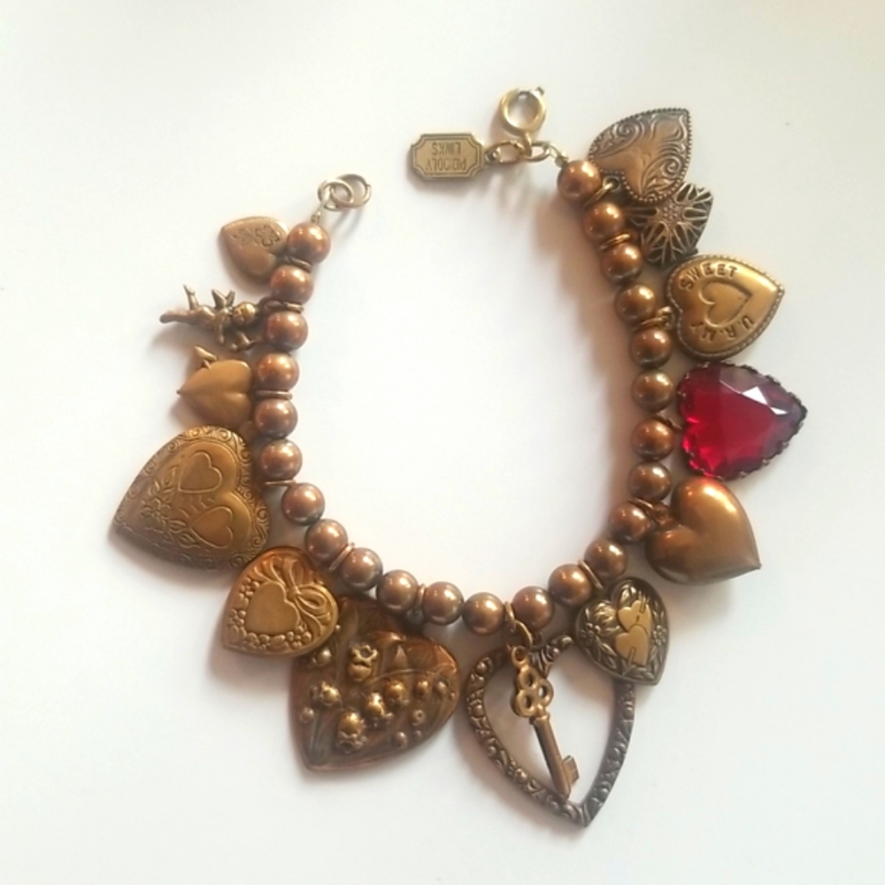 Vintage Pididdly Links hearts charm bracelet brass